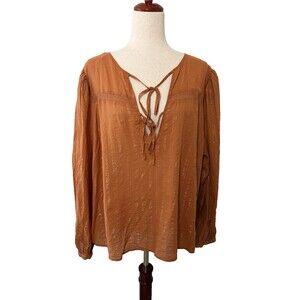 a.n.a A New Approach Womens 2X Boho Peasant Blouse Rust Metallic Stripe Festival